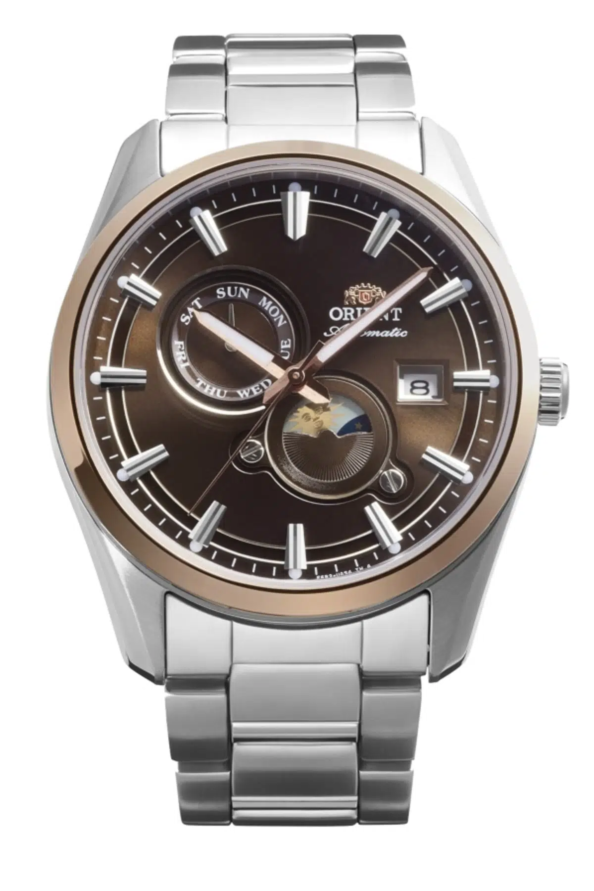 ORIENT Sun&Moon RA-AK0313Y30B Kurmalı Otomatik Çelik Gri Kahverengi Kadran Safir Cam 42 mm Erkek Kol
